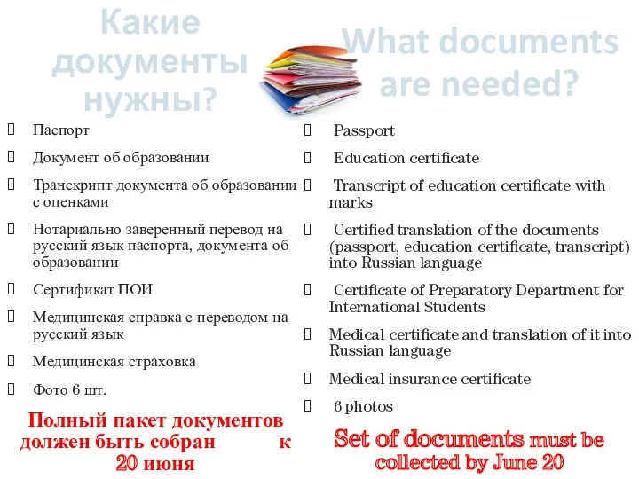 Какие документы нужны? Паспорт Документ об образовании Транскрипт документа об