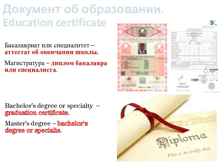 Документ об образовании. Education certificate Бакалавриат или специалитет – аттестат