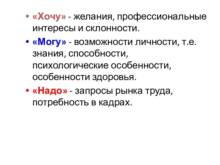 «Хочу» - желания, профессиональные интересы и склонности. «Могу» - возможности