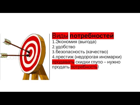 Виды потребностей 1.Экономия (выгода) 2.удобство 3.безопасность (качество) 4.престиж (недорогая иномарки) продавать скидки глупо