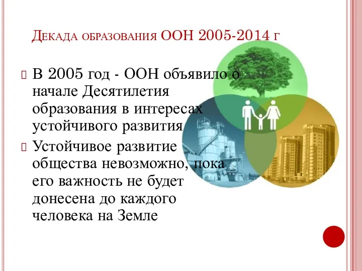 Декада образования ООН 2005-2014 г В 2005 год - ООН