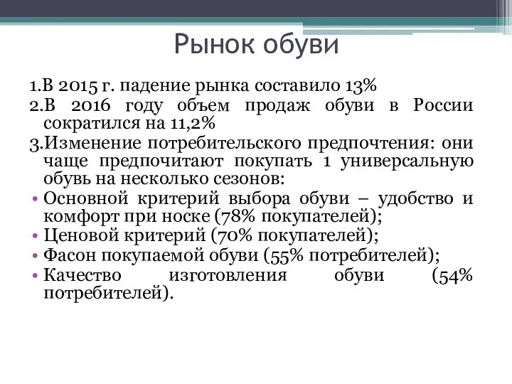 Рынок обуви 1.В 2015 г. падение рынка составило 13% 2.В