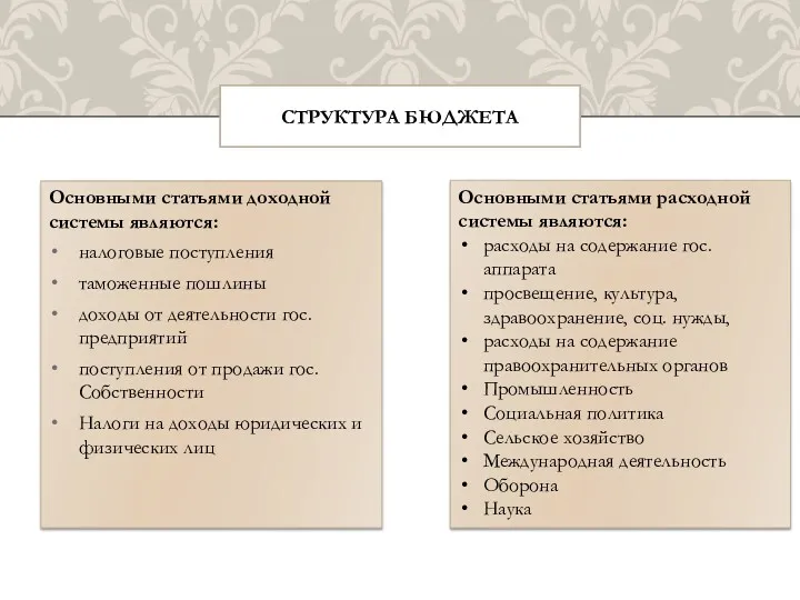 Основными статьями доходной системы являются: налоговые поступления таможенные пошлины доходы