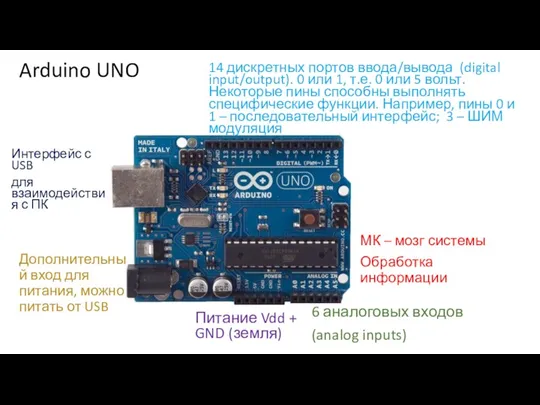 Arduino UNO 14 дискретных портов ввода/вывода (digital input/output). 0 или 1, т.е. 0