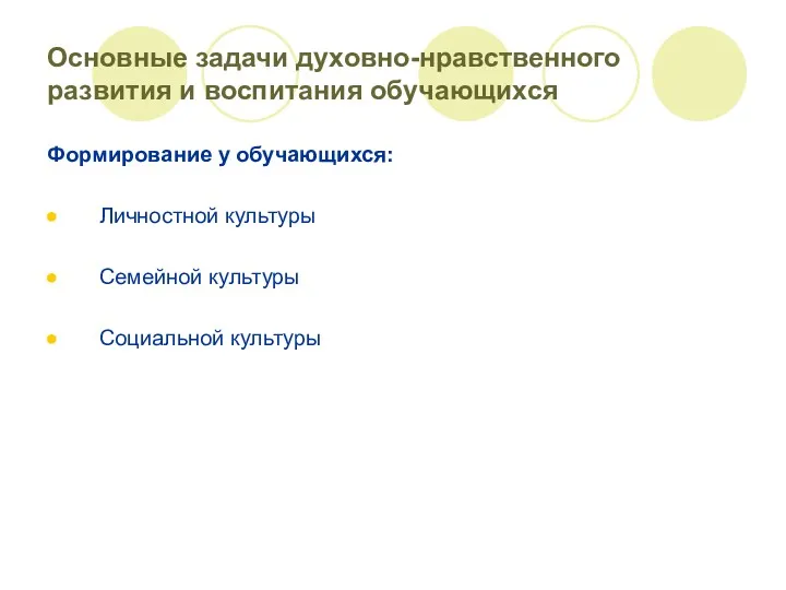 Основные задачи духовно-нравственного развития и воспитания обучающихся Формирование у обучающихся: Личностной культуры Семейной культуры Социальной культуры