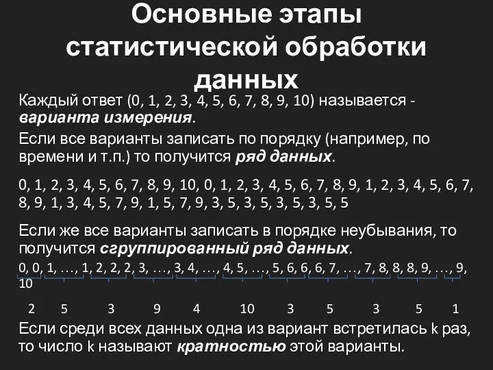 Основные этапы статистической обработки данных Каждый ответ (0, 1, 2,