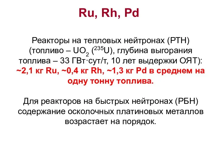 Ru, Rh, Pd Реакторы на тепловых нейтронах (РТН) (топливо –