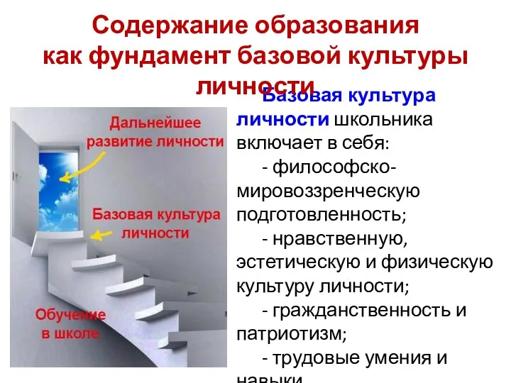 Базовая культура личности школьника включает в себя: - философско-мировоззренческую подготовленность; - нравственную, эстетическую