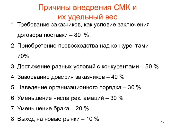 Причины внедрения СМК и их удельный вес 1 Требование заказчиков,