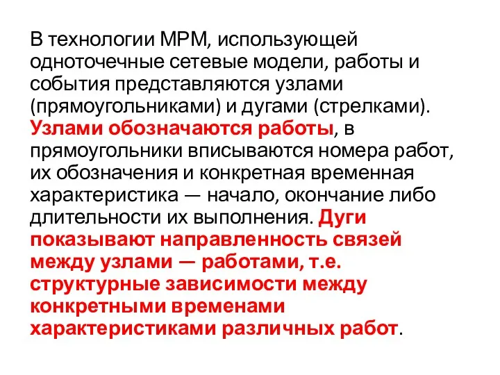 В технологии МРМ, использующей одноточечные сетевые модели, работы и события