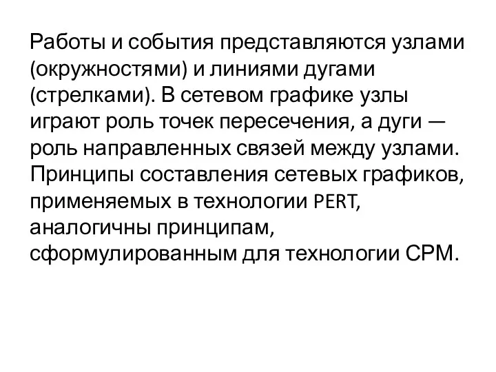 Работы и события представляются узлами (окружностями) и линиями дугами (стрелками).