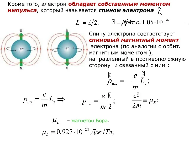 Кроме того, электрон обладает собственным моментом импульса, который называется спином