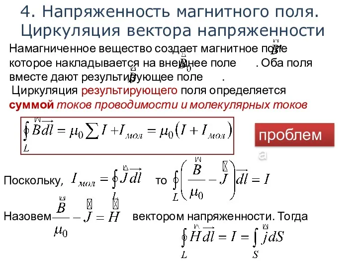 4. Напряженность магнитного поля. Циркуляция вектора напряженности Намагниченное вещество создает