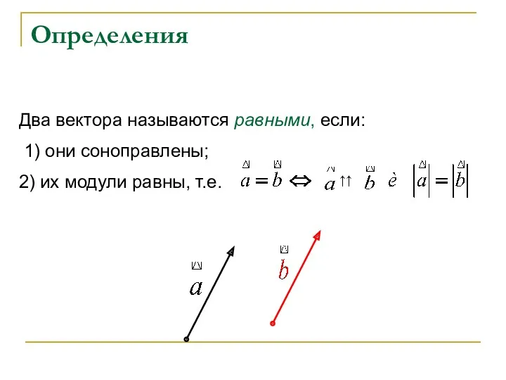 Определения Два вектора называются равными, если: 1) они соноправлены; 2) их модули равны, т.е.