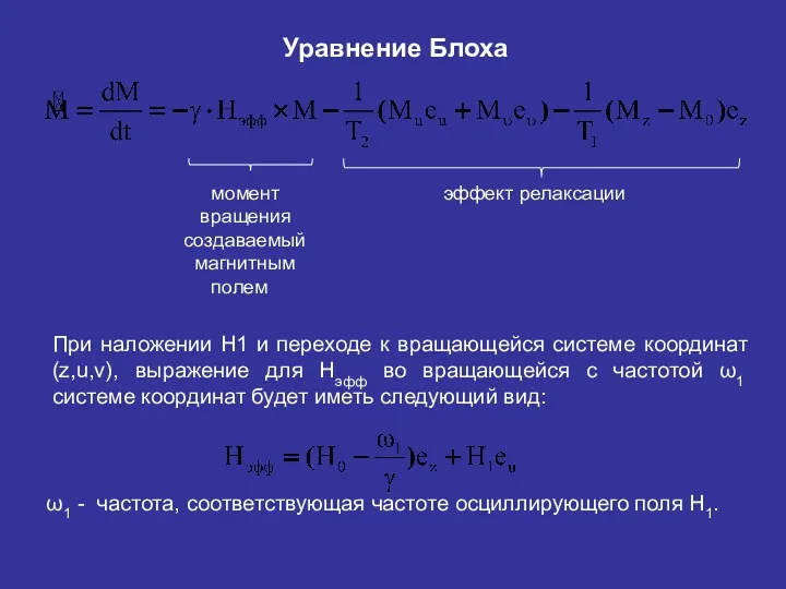 Уравнение Блоха момент эффект релаксации вращения создаваемый магнитным полем При наложении Н1 и