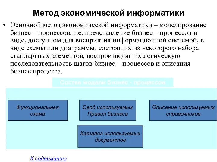 Метод экономической информатики Основной метод экономической информатики – моделирование бизнес