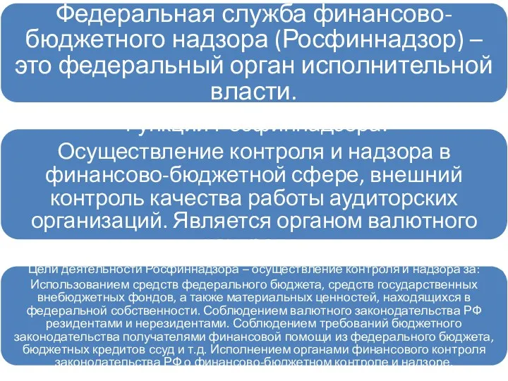 Федеральная служба финансово-бюджетного надзора (Росфиннадзор) – это федеральный орган исполнительной