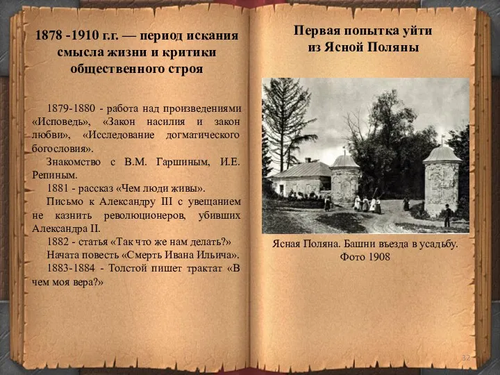 1879-1880 - работа над произведениями «Исповедь», «Закон насилия и закон