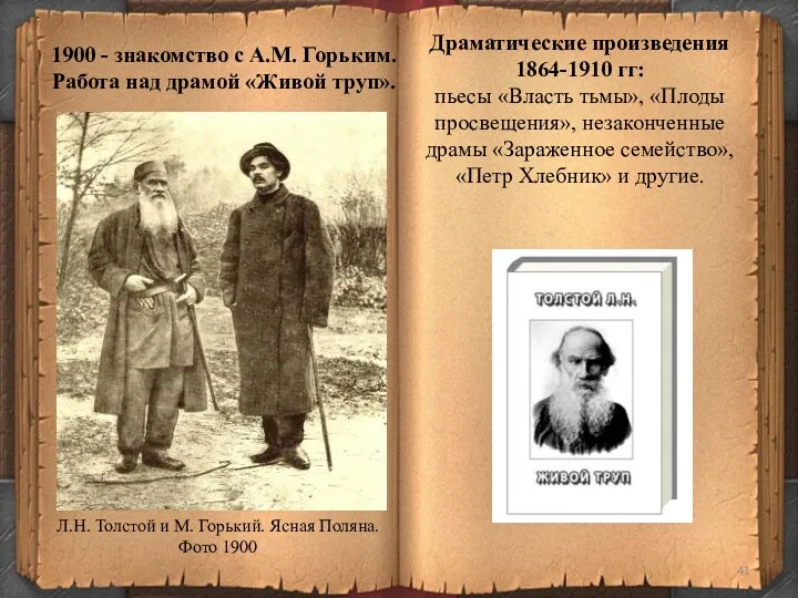 1900 - знакомство с А.М. Горьким. Работа над драмой «Живой