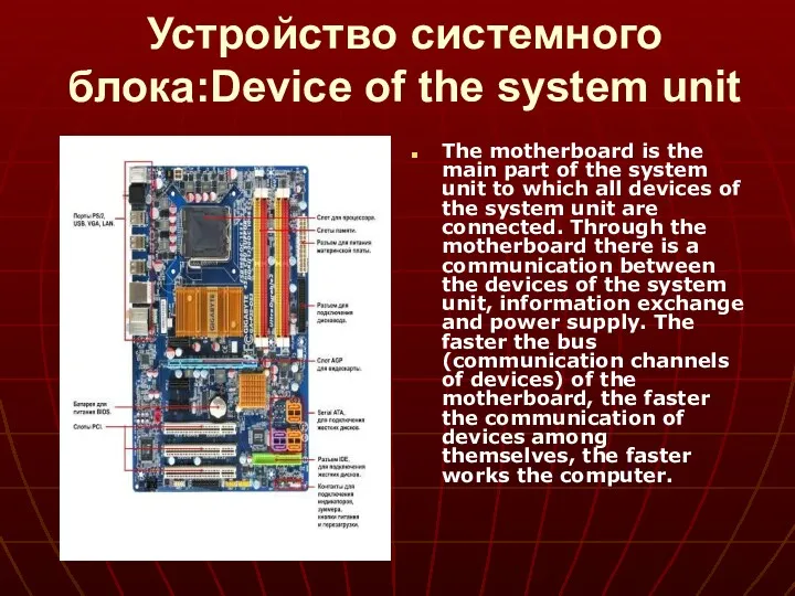 Устройство системного блока:Device of the system unit The motherboard is