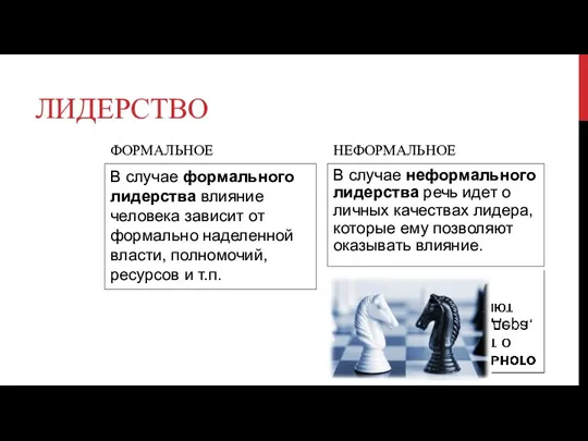 ЛИДЕРСТВО ФОРМАЛЬНОЕ В случае формального лидерства влияние человека зависит от