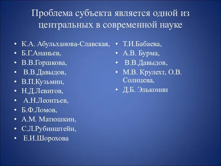 Проблема субъекта является одной из центральных в современной науке К.А.