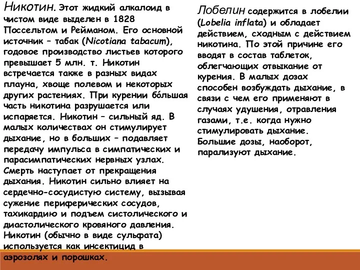 Никотин. Этот жидкий алкалоид в чистом виде выделен в 1828