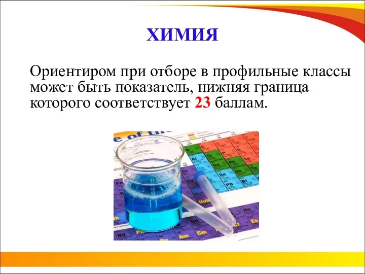 ХИМИЯ Ориентиром при отборе в профильные классы может быть показатель, нижняя граница которого соответствует 23 баллам.