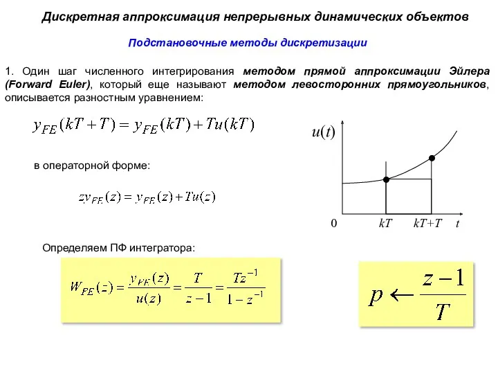 Дискретная аппроксимация непрерывных динамических объектов Подстановочные методы дискретизации 1. Один