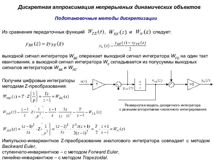 Дискретная аппроксимация непрерывных динамических объектов Подстановочные методы дискретизации Из сравнения