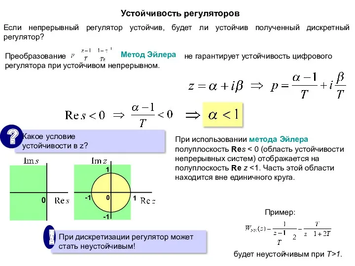 Устойчивость регуляторов Преобразование не гарантирует устойчивость цифрового регулятора при устойчивом