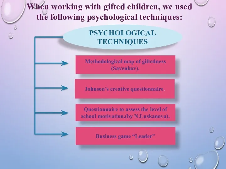 When working with gifted children, we used the following psychological