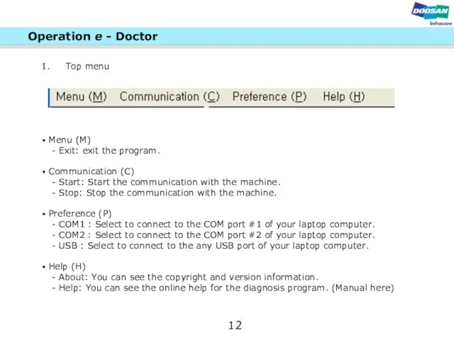 Operation e - Doctor Top menu Menu (M) - Exit: