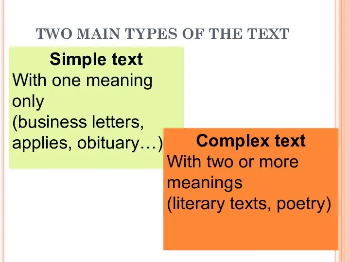 TWO MAIN TYPES OF THE TEXT Simple text With one meaning only (business