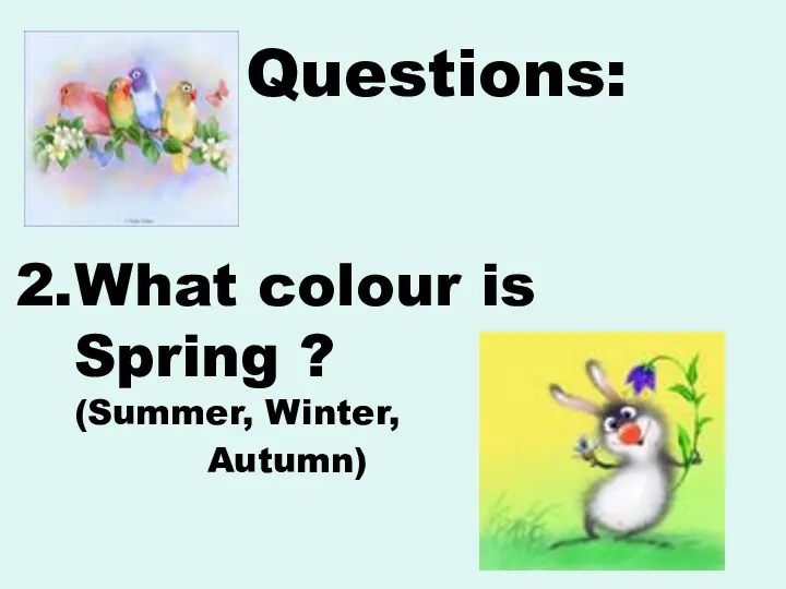 Questions: What colour is Spring ? (Summer, Winter, Autumn)