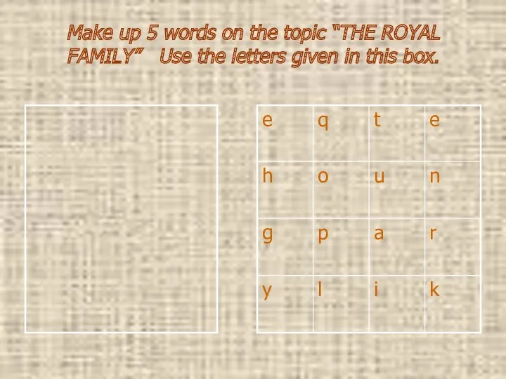 Make up 5 words on the topic “THE ROYAL FAMILY”