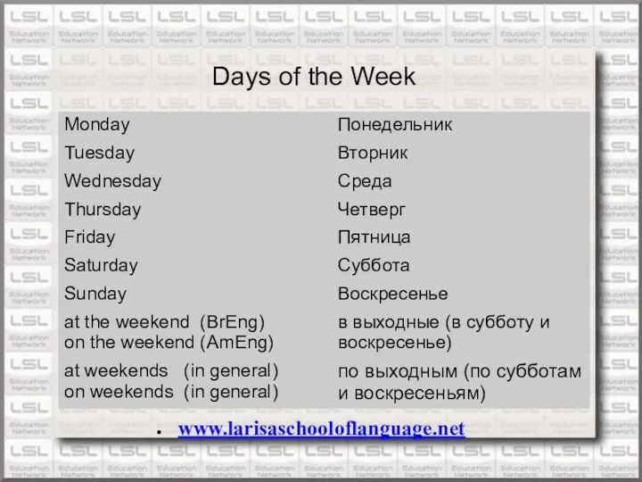 www.larisaschooloflanguage.net Days of the Week