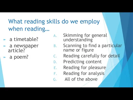 What reading skills do we employ when reading… a timetable?