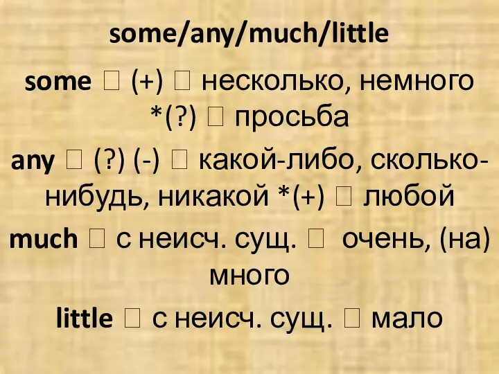 some/any/much/little some ? (+) ? несколько, немного *(?) ? просьба any ? (?)