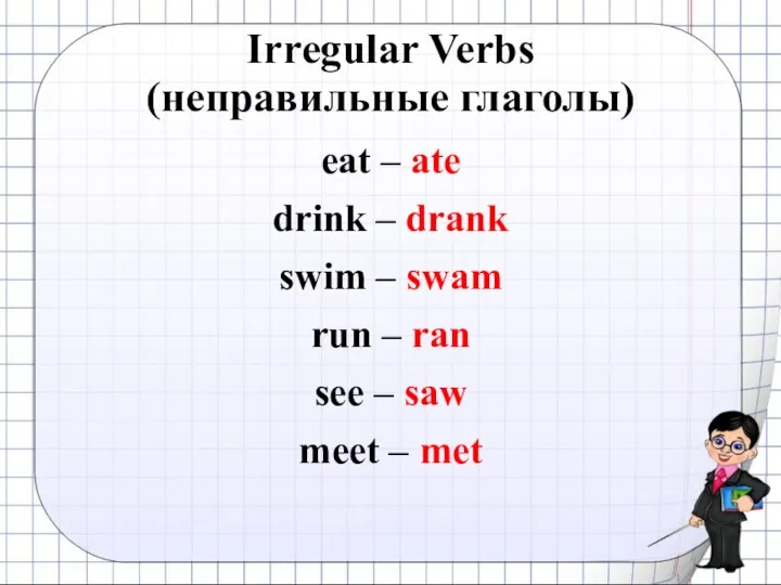 Irregular Verbs (неправильные глаголы) eat – ate drink – drank