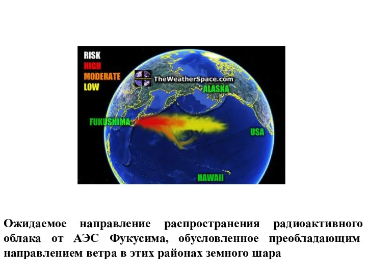 Ожидаемое направление распространения радиоактивного облака от АЭС Фукусима, обусловленное преобладающим