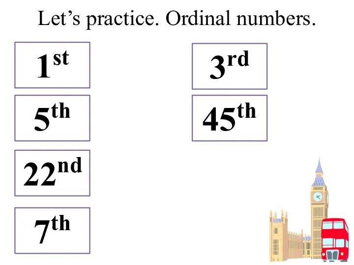 Let’s practice. Ordinal numbers. 1st 3rd 22nd 5th 7th 45th