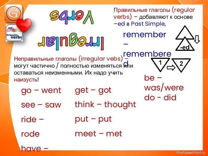 remember – remembered be – was/were do - did Неправильные