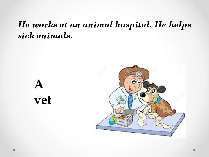 He works at an animal hospital. He helps sick animals. A vet