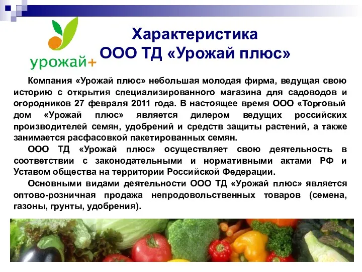 Характеристика ООО ТД «Урожай плюс» Компания «Урожай плюс» небольшая молодая