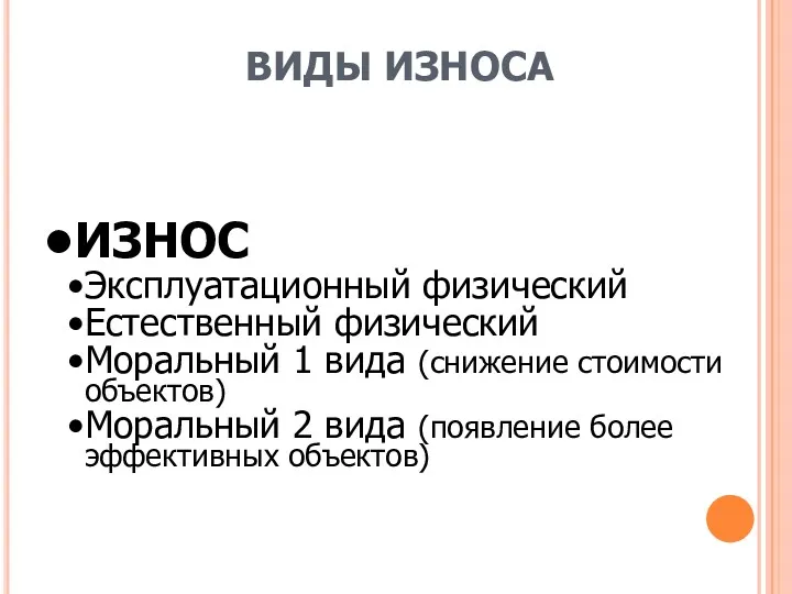 ВИДЫ ИЗНОСА ИЗНОС Эксплуатационный физический Естественный физический Моральный 1 вида