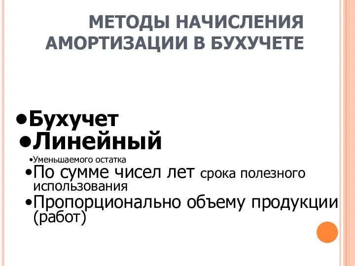 МЕТОДЫ НАЧИСЛЕНИЯ АМОРТИЗАЦИИ В БУХУЧЕТЕ Бухучет Линейный Уменьшаемого остатка По