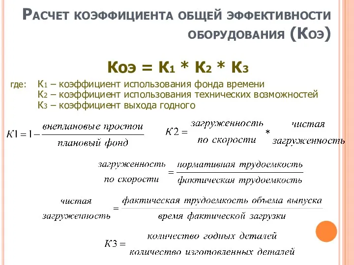 Расчет коэффициента общей эффективности оборудования (Коэ) Коэ = К1 *