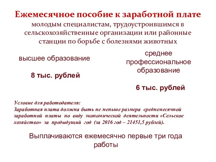 Ежемесячное пособие к заработной плате молодым специалистам, трудоустроившимся в сельскохозяйственные