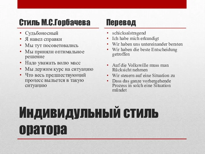 Индивидульный стиль оратора Стиль М.С.Горбачева Судьбоносный Я навел справки Мы